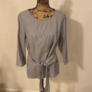 Black and white striped 3/4 sleeve belted/tie front